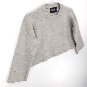 Shaci Cropped Sweater Womens Small Gray 3/4 Sleeve Crew Neck Casual Knit Top